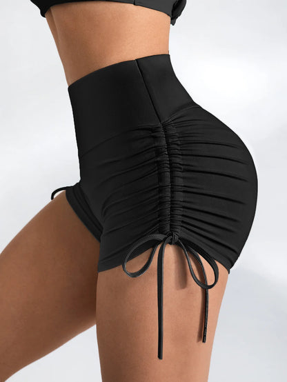 Women's High-Waisted Ruching Yoga Shorts Tight Workout Running Gym Shorts with Tie Detail Summer Fitness Stretch Activewear.