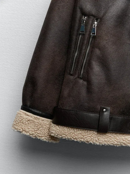 Frau dicke warme doppelseitige Faux Shear ling Jacke Herbst Winter neue Revers Langarm Gürtel Saum Reiß verschluss weibliche Oberbekleidung