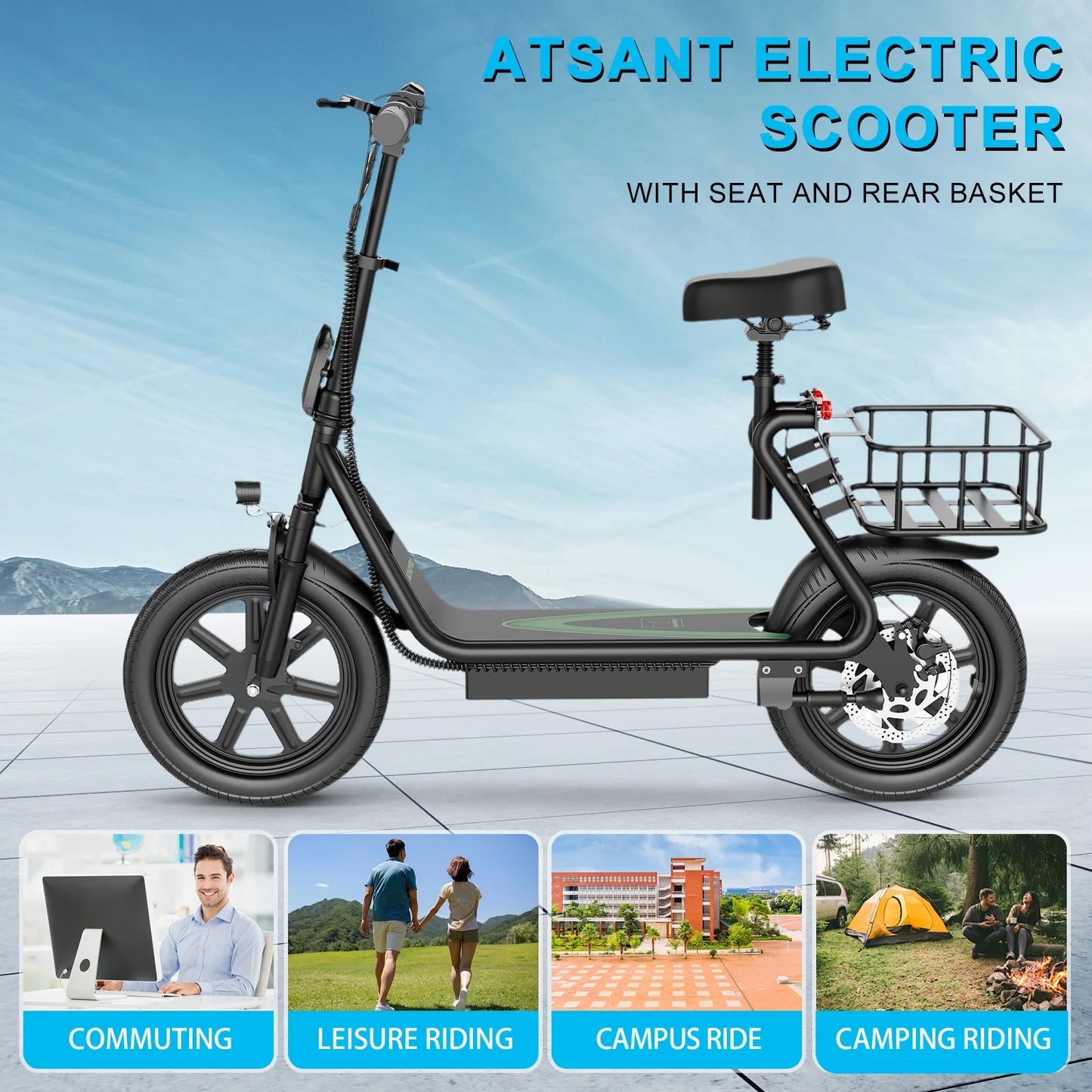2025 New ATSANT ES2/ES2 PLUS Electric Scooter with Seat 500W 35KM/H 54.6V10.4/22.5Ah 45/100KM 14Inch Tyres With Smart APP EBlike.