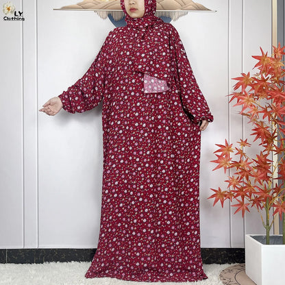 New Muslim Long Sleeved Cotton For Women Ramadan Prayer Turkey Middle East Femme Robe Floral Loose African Abaya Dress Scarfs