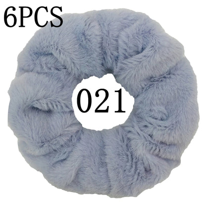 6pc Hair Scrunchies Furry Elastic Band Women Girl Ponytail Holder Rubber Ties Accessories Plush Faux Fur Soft Chiffon Headband