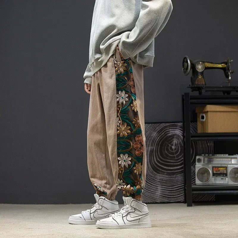 Fashion Casual Pants Men's Clothing Cotton Japanese Samurai Embroidery Patchwork Harem Trousers Oversized Harajuku Joggers Male.