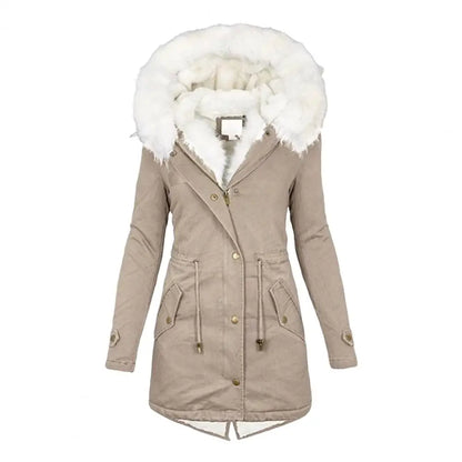 Verdickter Damen-Winter-Baumwollmantel, Kunstpelzkapuze, Fleece-Reißverschluss-Knopfjacke, winddicht, mittellang, schlanke Oberbekleidung