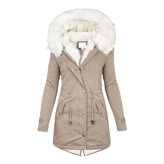Verdickter Damen-Winter-Baumwollmantel, Kunstpelzkapuze, Fleece-Reißverschluss-Knopfjacke, winddicht, mittellang, schlanke Oberbekleidung
