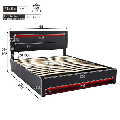 160x200cm Gepolstertes Doppelbett mit LED und USB, mit Lattenrost und Stauraum, PU-Funktionsbett