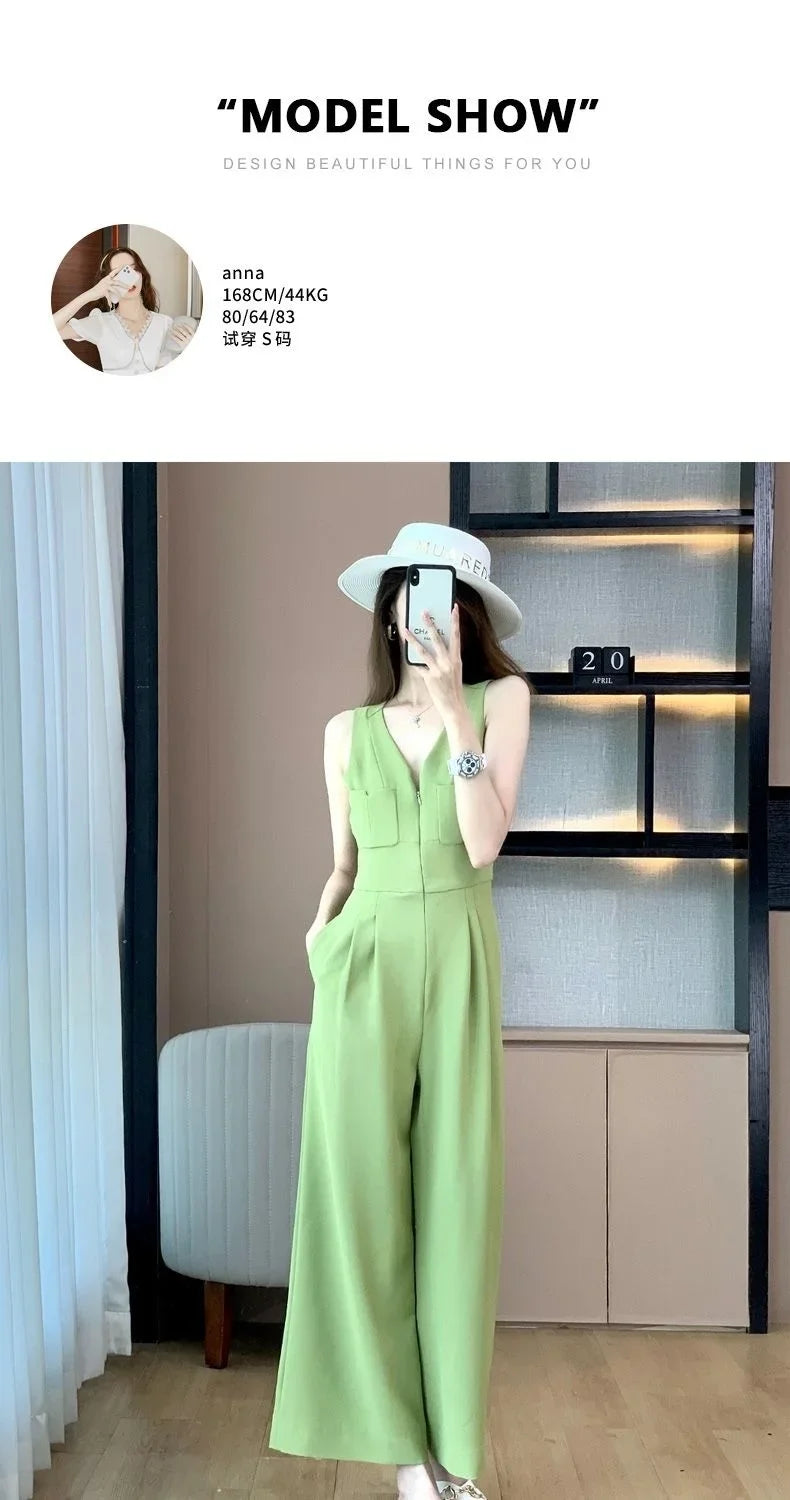 Women's Wide Leg Jumpsuit Pants 2025 Summer New Casual Straight Tube Sports Overalls V-neck Sleeveless Bodysuit For Women Romper.