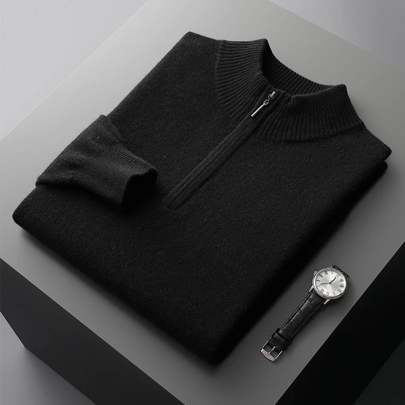 Autumn Winter Men's 100% Merino Wool Sweater Mock Collar Half Zip Knitted Pullover Cashmere Sweatshirt Casual Long Sleeved Tops