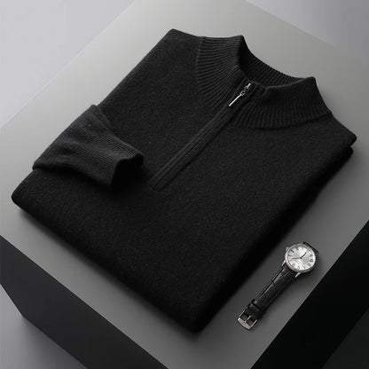 Autumn Winter Men's 100% Merino Wool Sweater Mock Collar Half Zip Knitted Pullover Cashmere Sweatshirt Casual Long Sleeved Tops