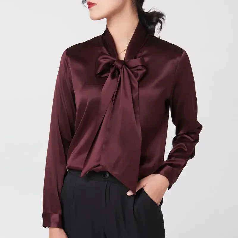 Heavyweight Mulberry Silk Shirt Women's 2025 Spring And Autumn New Long Sleeve Satin Silk Blouse V-neck Bow Ribbon Shirt