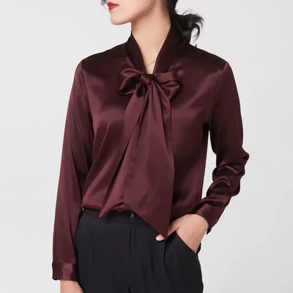 Heavyweight Mulberry Silk Shirt Women's 2025 Spring And Autumn New Long Sleeve Satin Silk Blouse V-neck Bow Ribbon Shirt
