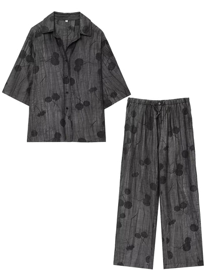 Women Print Long Pants Sets For Women Lapel Half Sleeve Single Breasted Shirts + High Waist Lace-Up Wide Leg Pants