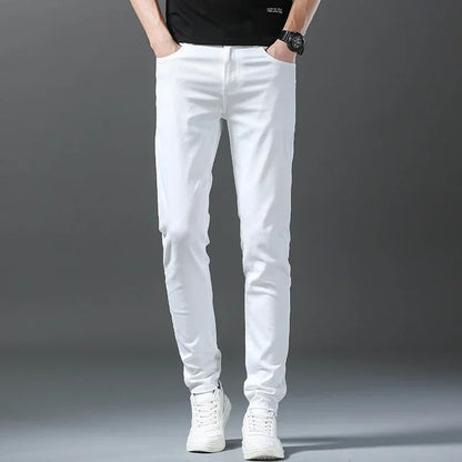 2025 Spring Summer New 98%Cotton Men's Slim Jeans Straight Casual Fashion Pencil Pants High Quality Trousers Male Clothes White.