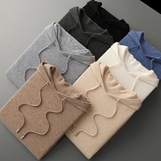 100% Cashmere Sweater Men's Ready-To-Wear Hooded Knitted Pullover Autumn Winter Long Sleeved Sweater Casual Sports Hoodie Top.