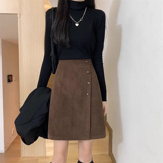 High Waist Zipper Corduroy Vintage A-line Skirt Autumn Winter Slim Solid All-match Korean Half Skirt Trend Fashion Women Clothes.