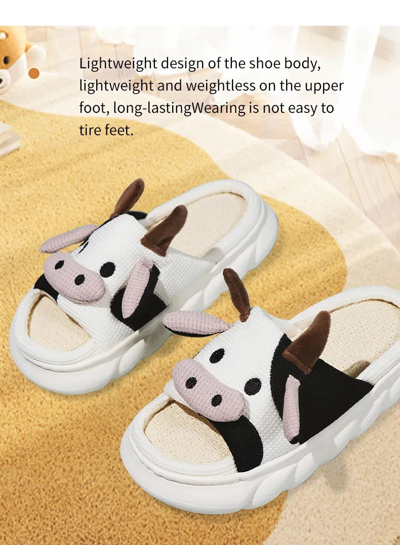 Shevalues Plush Cartoon Milk Cow Slippers Winter Women Slippers Furry Non-Slips Women Cotton Slides Couples Soft Cozy Flat Shoes