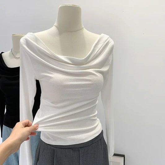 Off-The-Shoulder Long Sleeve T-Shirt Women's Early Autumn New Slimming Design Korean Style Sweet And Spicy Fashion Tops.