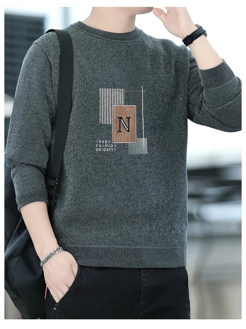Men's Sweater Patckwork Round Neck Pullovers Fleece Lined Thick Warm Winter Knitwear Fashion Jumpers Men's Clothes.