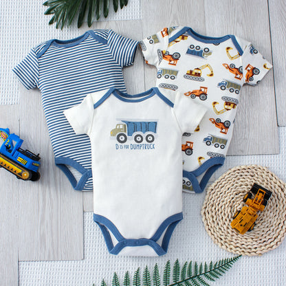 3PCS Sommer Jungen Baby Body Drei stück Set Cartoon Lkw und Streifen Muster Kurzarm Taste Design Dreieck body