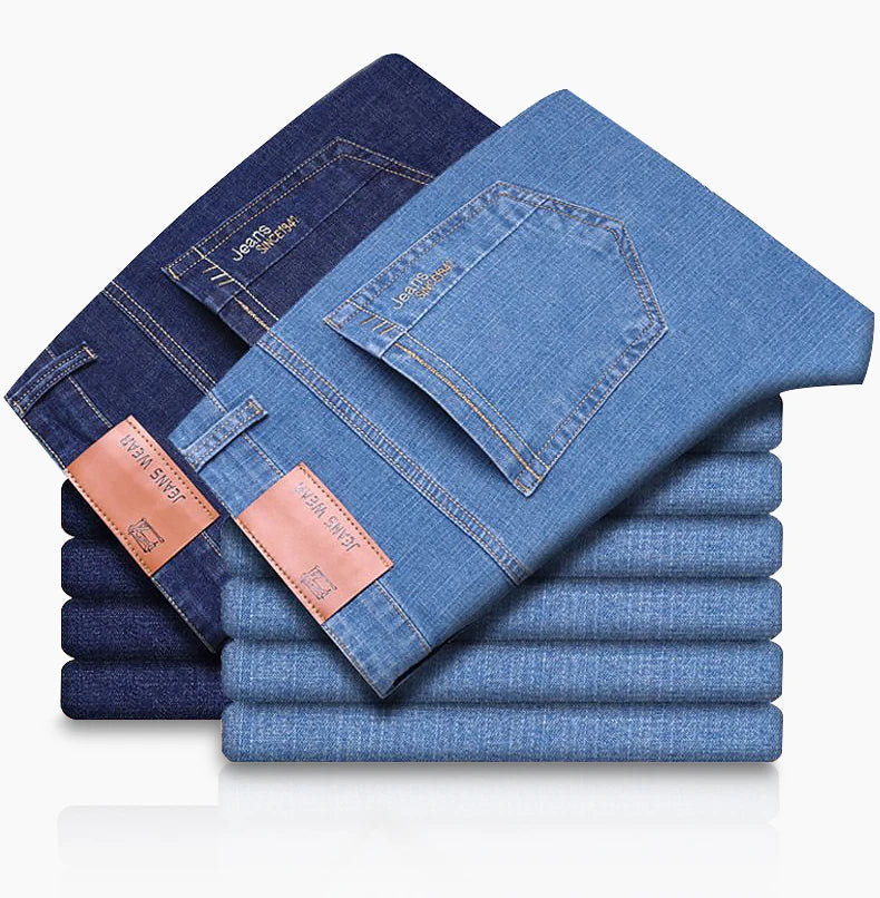 Summer Thin Men's Elastic Cotton Jeans Fashion Blue Comfortable Business Straight Casual Pants Brand Male Clothes Trousers.