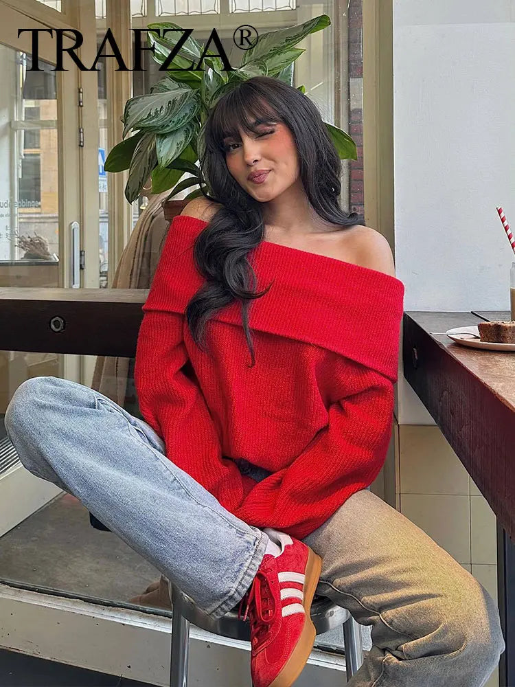 TRAFZA Frauen Fashion Solid Off Schulter Pullover Langarm Gestrickte Pullover Pullover Herbst Weibliche Casual Strickwaren Chic Top.