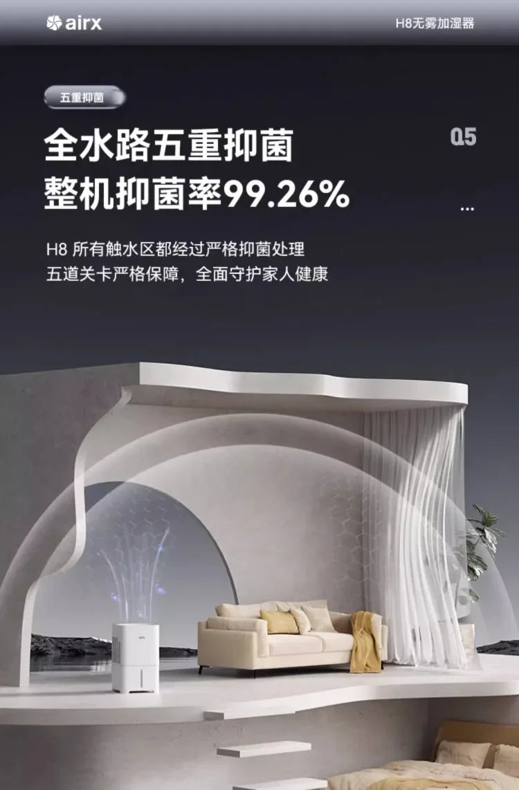 220V airx Humidifier No Mist Quiet Bedroom Cool Mist Evaporative for Baby Nursery Home Office Winter H8 BE.