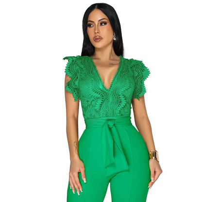Summer Fashion Lace High Waisted Jumpsuit Women Elegant OL Lace Sleeveless Waistband Straight Jumpsuit Women