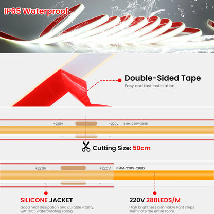 COB LED Strip Dimmable 220V 288LEDs/m Wall Touch Wifi Bluetooth Remote Control Power Kit Waterproof Silicone Tube Adhesive Tape.