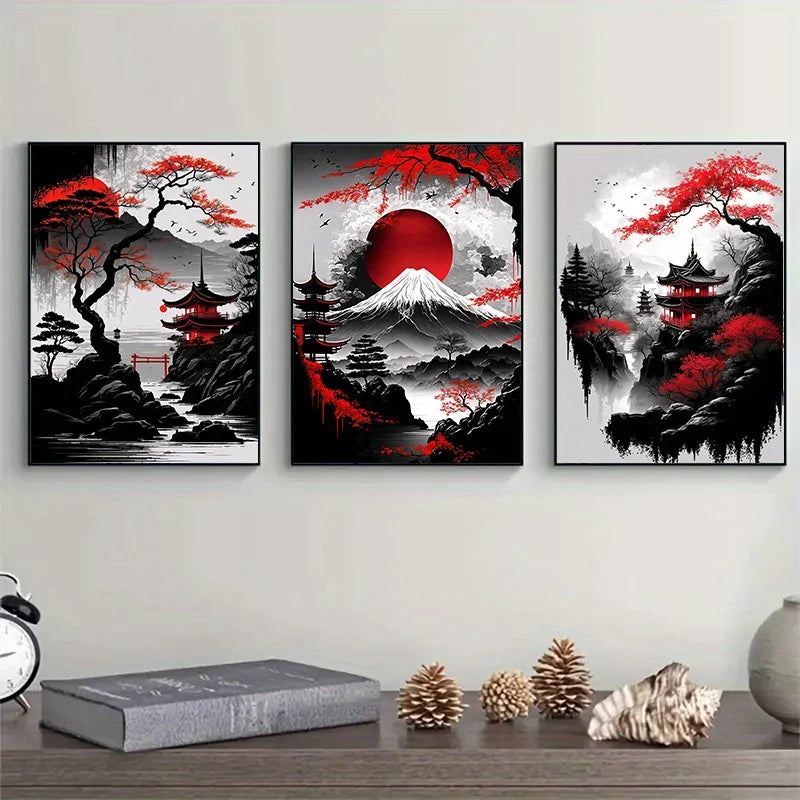 3pcs Frameless Japanese Natural Landscape Canvas Painting Black And Red Posters Vintage Ink Art Wall Prints For Living Room Home.