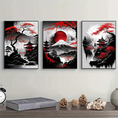 3pcs Frameless Japanese Natural Landscape Canvas Painting Black And Red Posters Vintage Ink Art Wall Prints For Living Room Home.