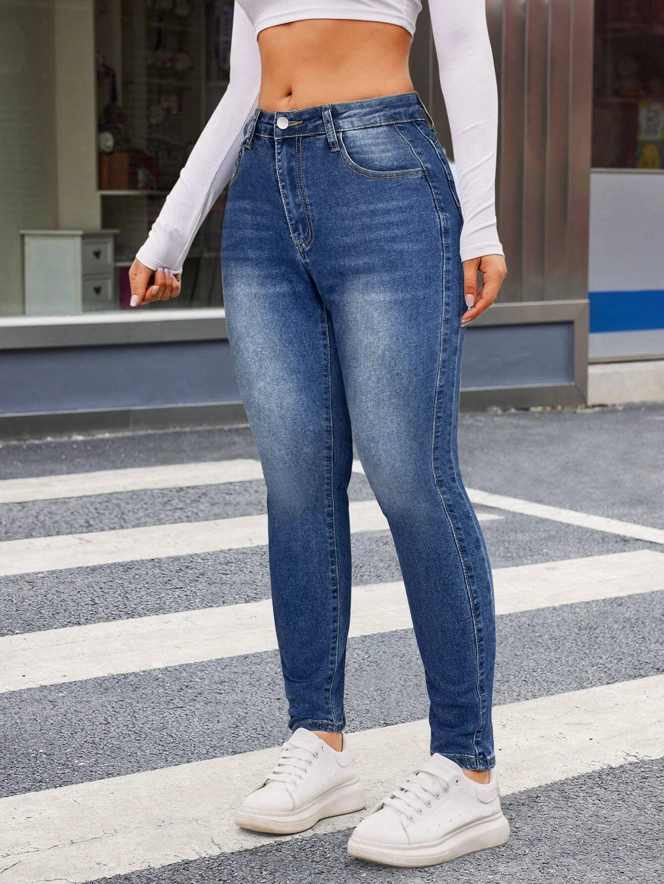 Retro Street Skinny Whisker Washed High Stretchy Jeans Women's Mid-Rise Front Button Slant Pockets Seam Design All Season Jeans.