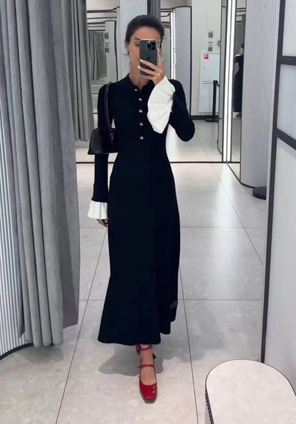 Tossy Weibliche Rüschen Strickwaren Langes Kleid Mode Patchwork Schlank Kontrast Revers Casual Party Kleid Kleid frauen Stricken Maxi Kleid