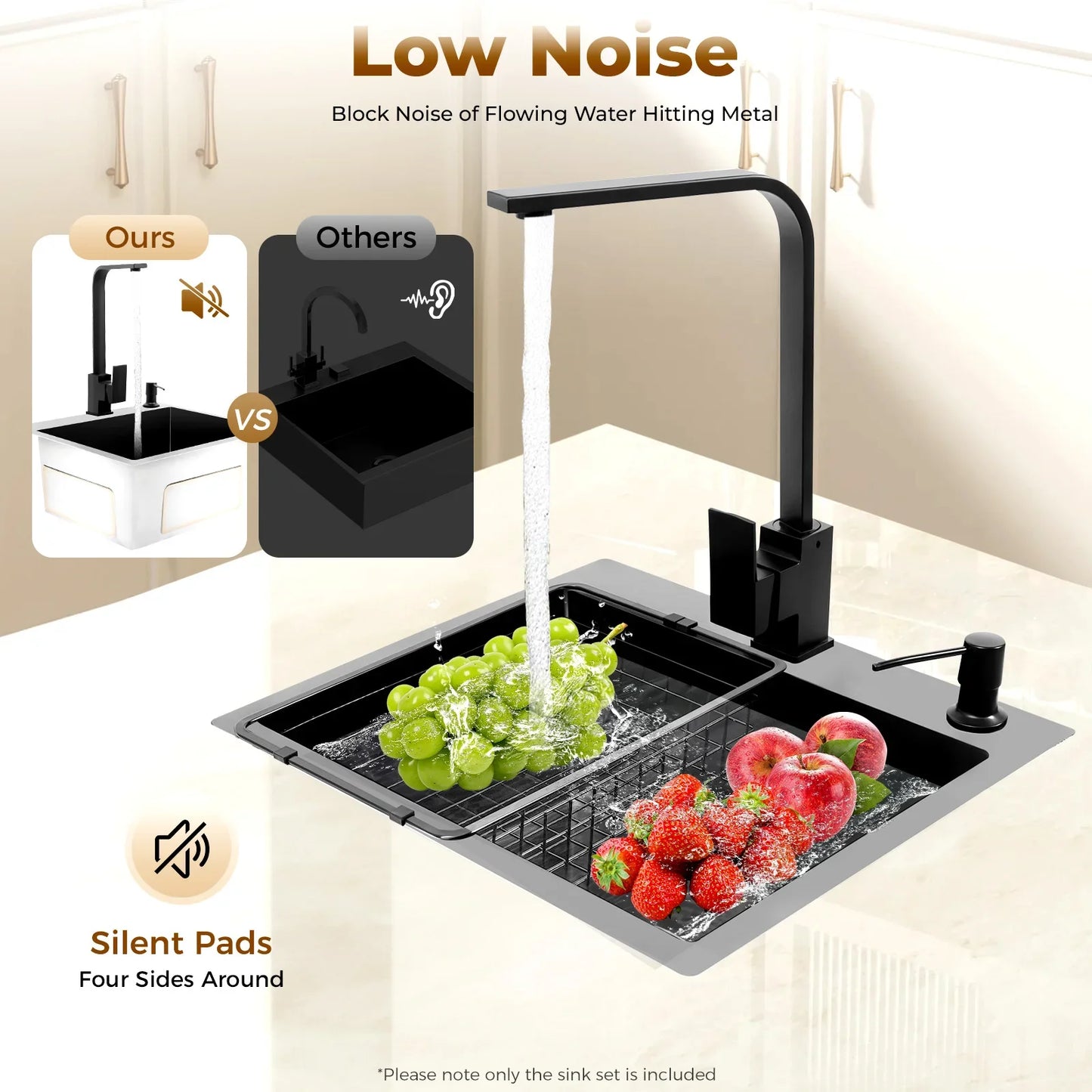 Edelstahlspüle 40 x 45 cm, schwarze Küchenspüle mit Spültischarmatur, 1 x 45 cm, Unterschrankspüle W | Abtropfbrett und Sieb