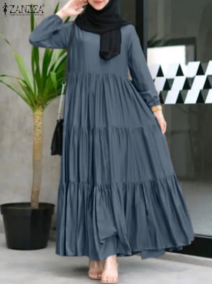 ZANZEA Muslim Fashion Tiered Long Dresses Women Islamic Hijab Style Casual Long Sleeve O Neck Maxi Vestidos Solid Abaya Robes.