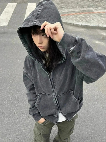Korean Fashion Sweatshirts Harajuku Gothic Printed Coats Jackets Subculture Vintage Faux Fur Hooded Women Casual Y2k Clothing.