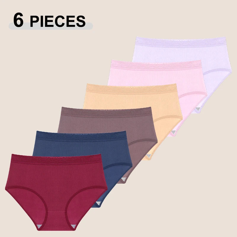 6PCS Women's Plus Size Lace Panties Seamless Solid Color Sport Cozy Physiological Underwear Female Breathable Elastic Lingerie