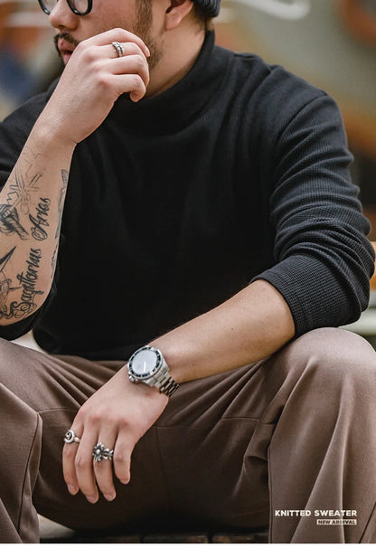 Maden Casual Gray Knitted Turtleneck Sweaters Men's Vintage 310g High Collar Waffle Pullovers Basic Fashion Black Warm Jumper.