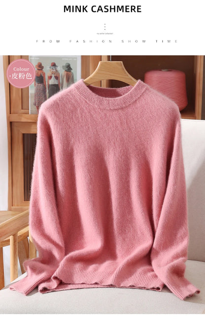Women's Round-neck Mink Cashmere Sweater Soft Pullover Jumper Comfortable Knitted Top for Autumn Winter Pure Mink Material