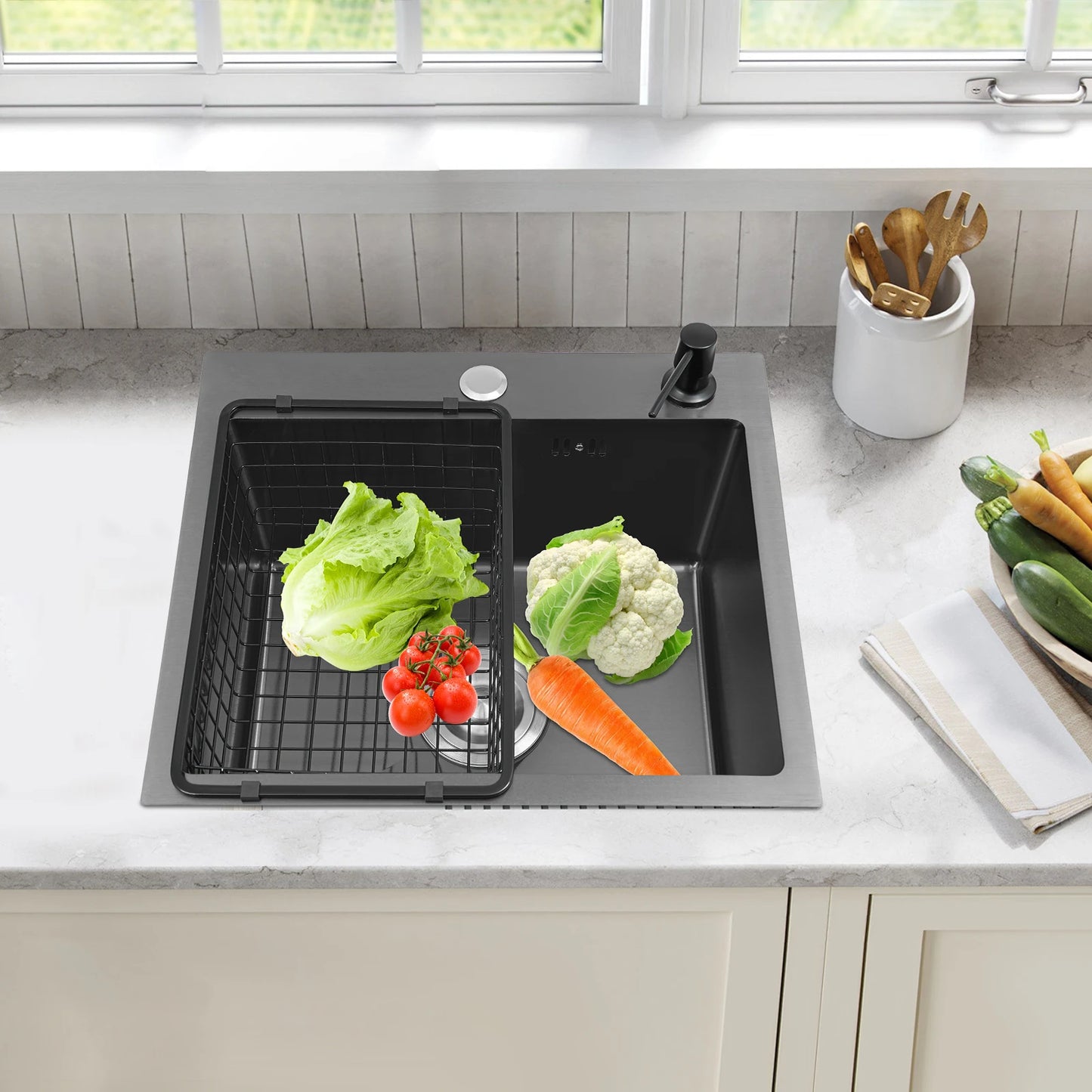 Großes schwarzes Abtropfgestell für die Küche, Küchenspüle aus Edelstahl mit Abtropffläche, Gemüse-Doppelbecken mit Seifenspender