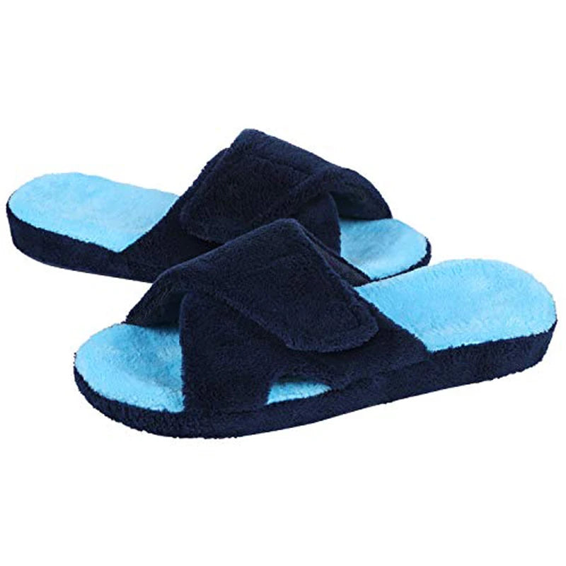 Comwarm Fuzzy House Slippers For Women New Terry Cloth Arch Support Cotton Slippers Four Seasons Open Toe Indoor Flat Slippers.