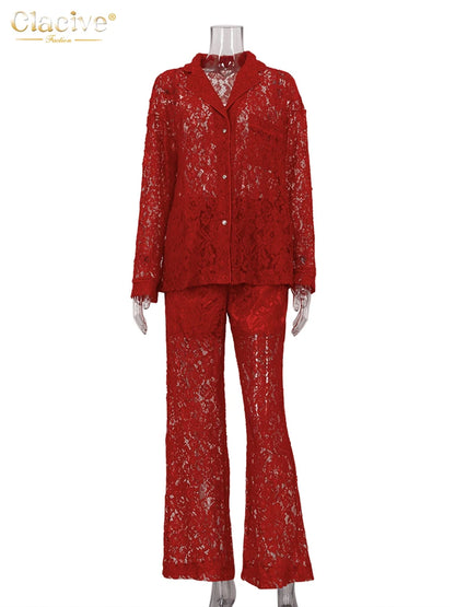 Clacive Sexy Loose Black Lace See Through Trousers Sets Women 2 Pieces Fashion Long Sleeve Shirt With High Waist Wide Pants Set.