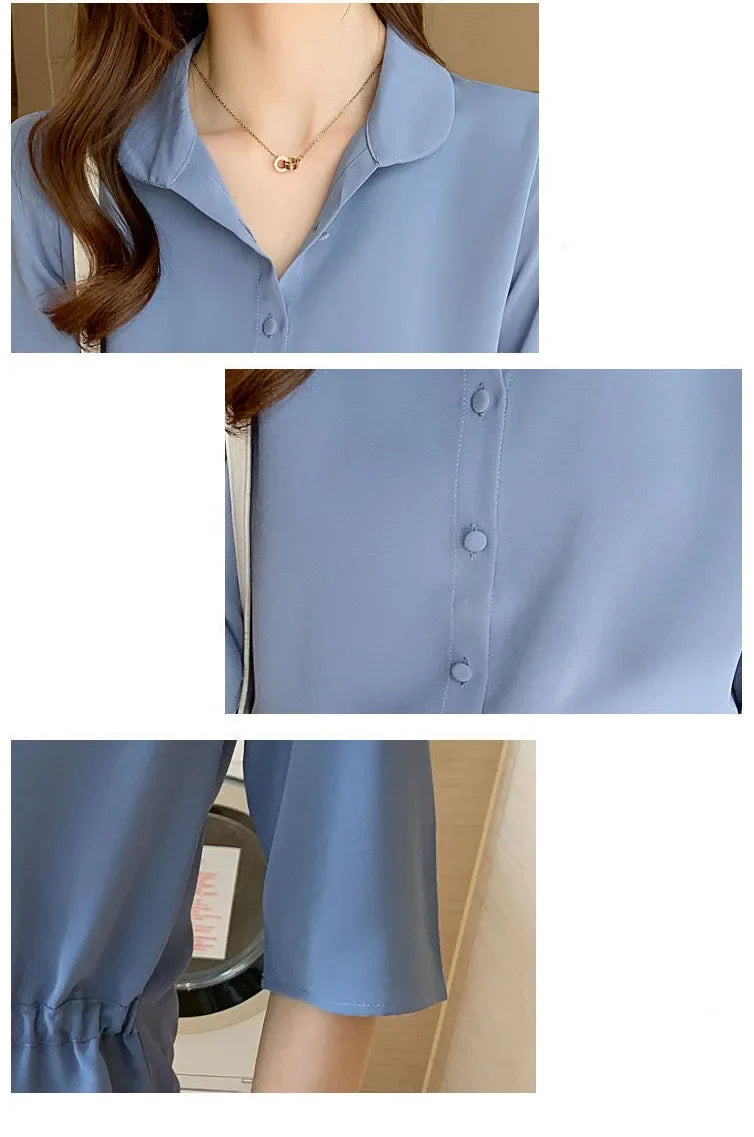 Summer Women All-match Solid Turn-down Collar Half Sleeve Chiffon Shirt Fashion Casual Shirring Single-breasted Blouses Female.