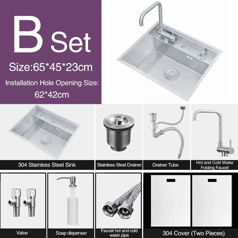 Nanometer Double Cover Hidden Kitchen Sink 304 Stainless Steel 3 Holes Handmade Single Large Size Kitchen Hidden Sinks