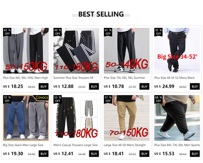 8XL Men's Down Pants Plus Size Winter Plus Velvet Thick Loose Cotton Pants Big Size Solid Color Warm Lamb Down Casual Sweatpants.