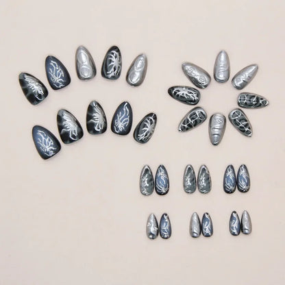 24Pcs Dark Press on Fake Nails with Black Glitter 3D Metallic Designs Sweet Cool Almond False Nails Detachable Nails Spice Girls.