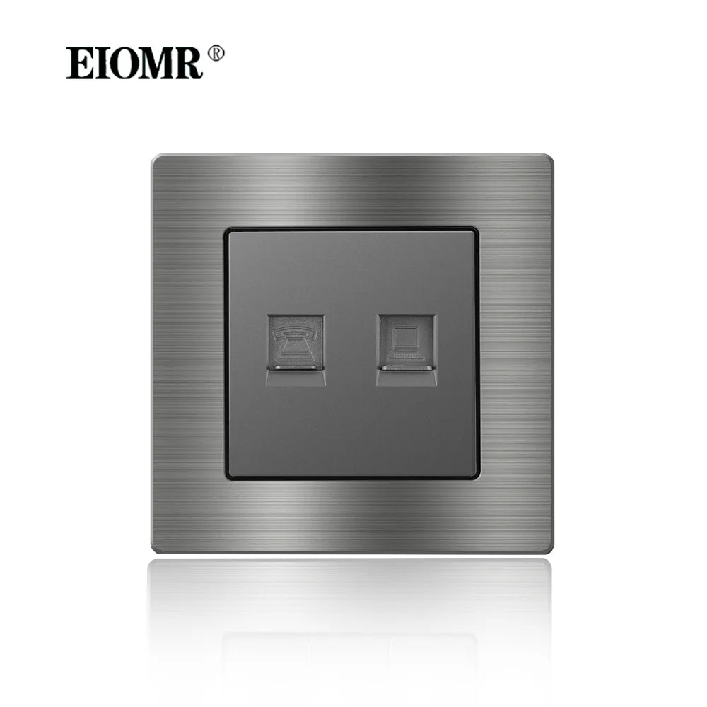 EIOMR Frankreich Standard-Steckdose, graue Aluminiumlegierung, Lichtschalter, RJ45, Fernseher, 220 V, 16 A, Wandsteckdosen für Haushaltsgeräte