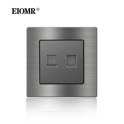 EIOMR Frankreich Standard-Steckdose, graue Aluminiumlegierung, Lichtschalter, RJ45, Fernseher, 220 V, 16 A, Wandsteckdosen für Haushaltsgeräte