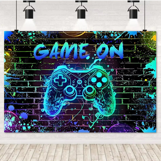 Game On Theme Video Gamer Kids Birthday Party Neon Green Gaming Next Level Up Background Baby Shower Decoration Supplies Props.