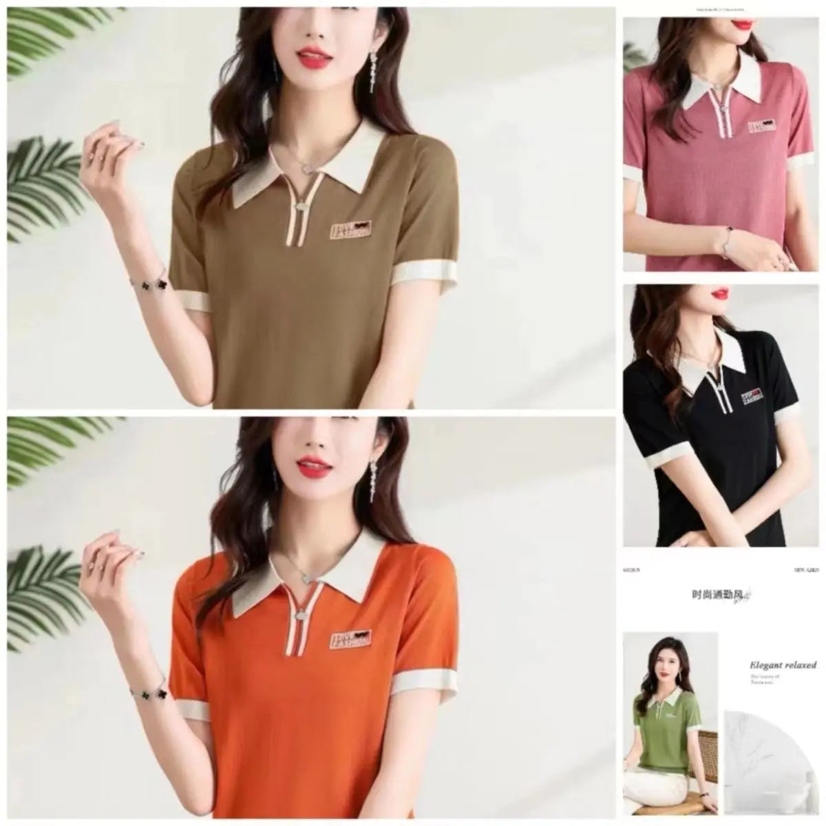 Fashionable polo collar middle-aged and elderly women's loose knitwear thin casual short-sleeved T-shirt.