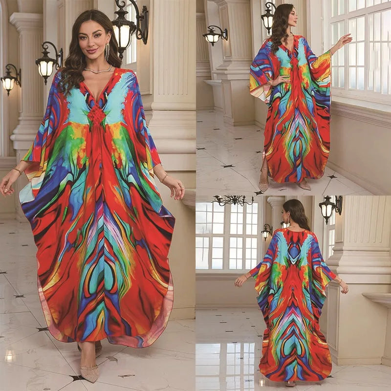 Kaftan-Kleider für Damen, Wellenhals-Badeanzug, Überwurf, Kaftan-Kleid, Übergröße, übergroßes langes Strandkleid