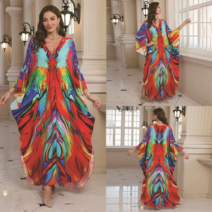 Kaftan-Kleider für Damen, Wellenhals-Badeanzug, Überwurf, Kaftan-Kleid, Übergröße, übergroßes langes Strandkleid